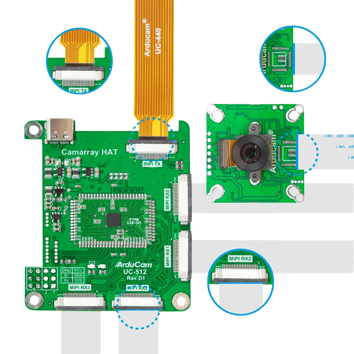Arducam 1MP*4 Quadrascopic Camera displayed with cables and interfaces