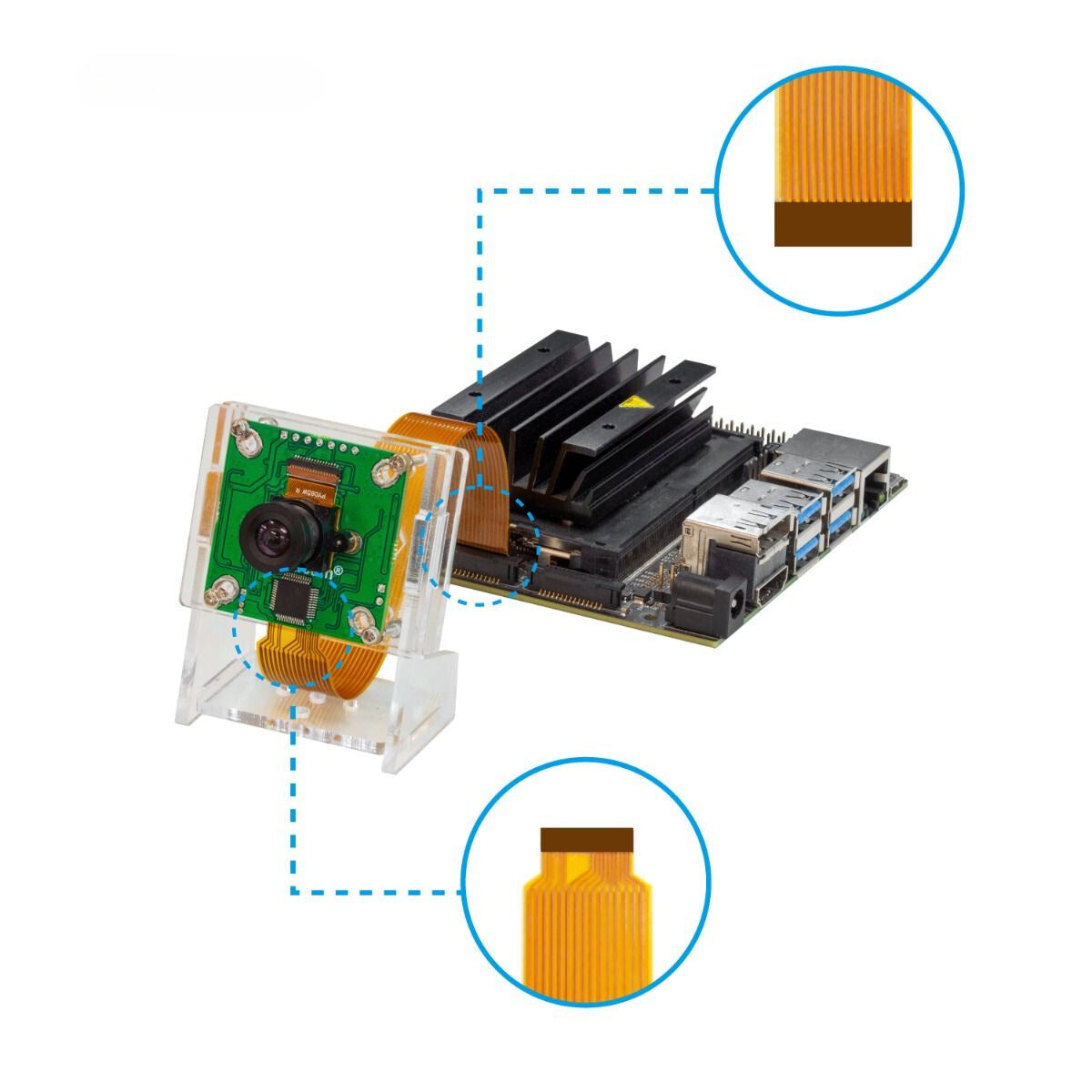 B0223 interfacing with Jetson Nano, showing the cable insertion locations