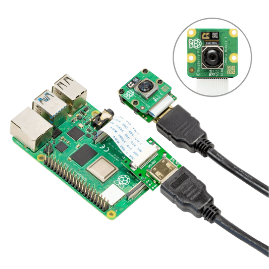 Image of the extension kit connected to a camera and raspberry pi via a HDMI cable