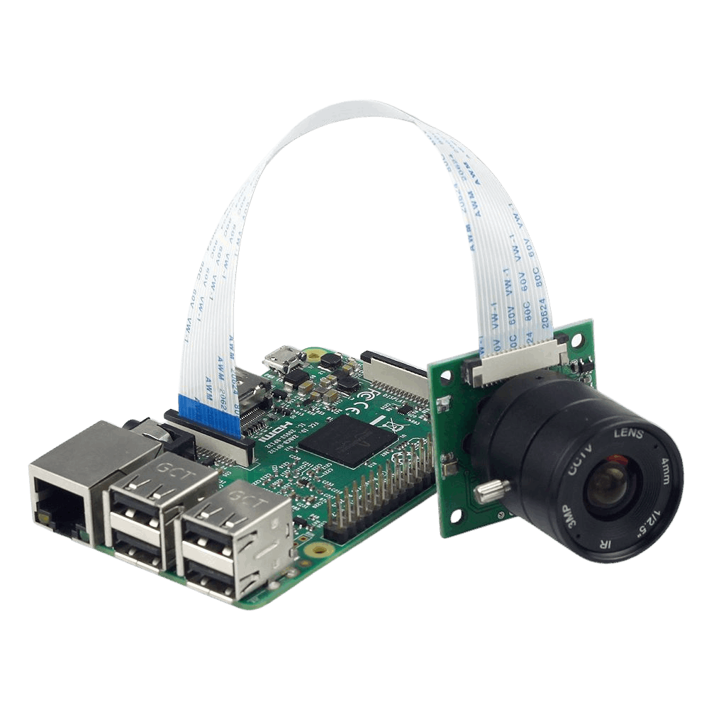 image of the B0032 camera module connected to a Rasperry Pi Computer