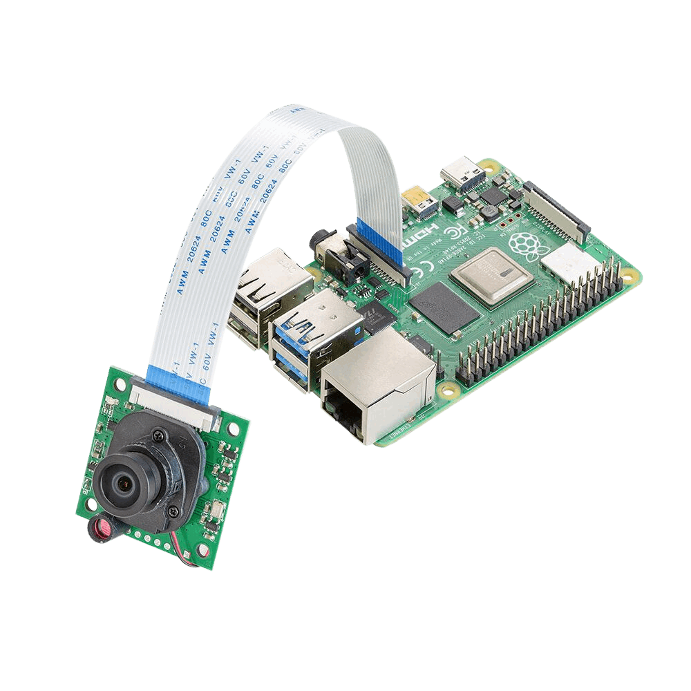 8MP IMX219 camera module with Motorised IR cut filter connected to a raspberry pi computer