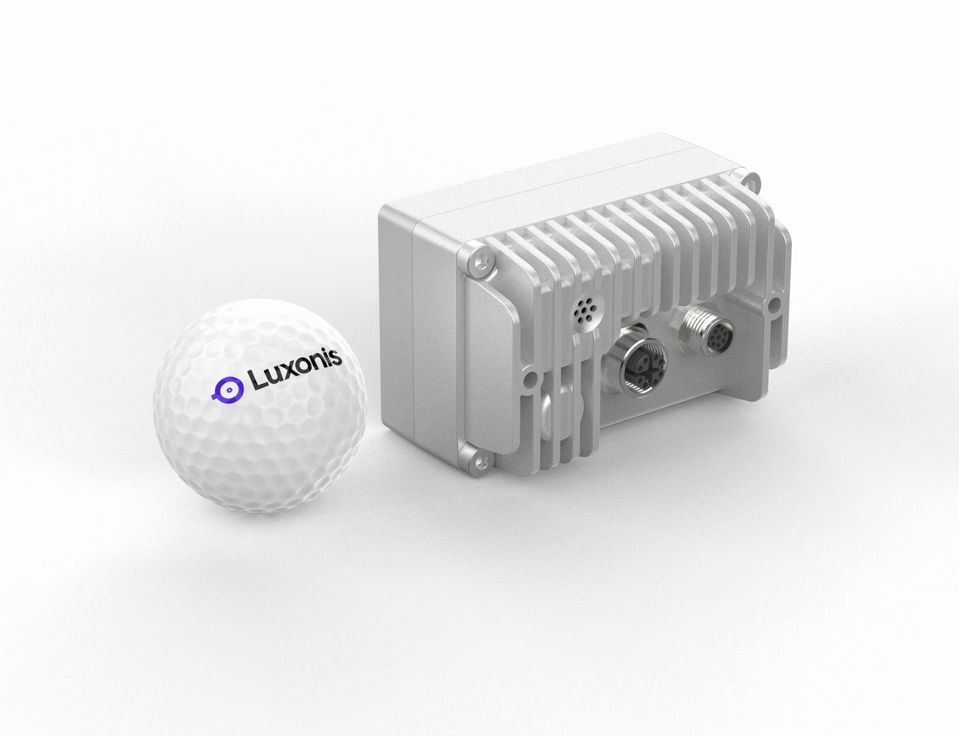 Size comparison of the OAK-D SR PoE next to a Luxonis golf ball