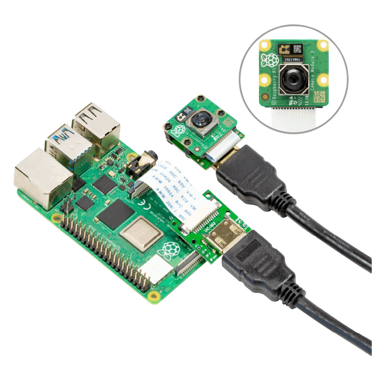 Image of the extension kit connected to a camera and raspberry pi via a HDMI cable